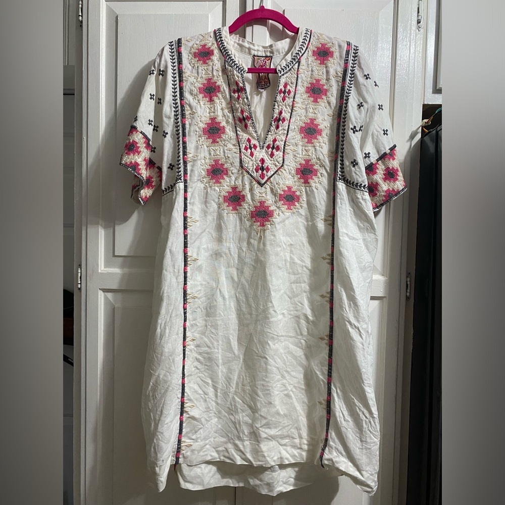 MSRP $295 Johnny Was Linen Embroidered Tunic Dress, 3840JW